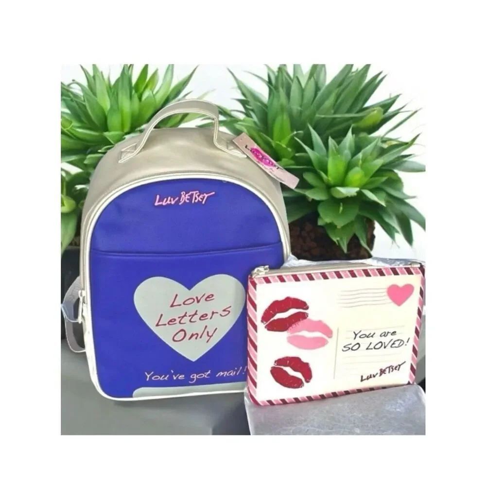 NWT Betsey Johnson Purple Cream Backpack Only Love Letters W/ zip pouch LBCHARLI